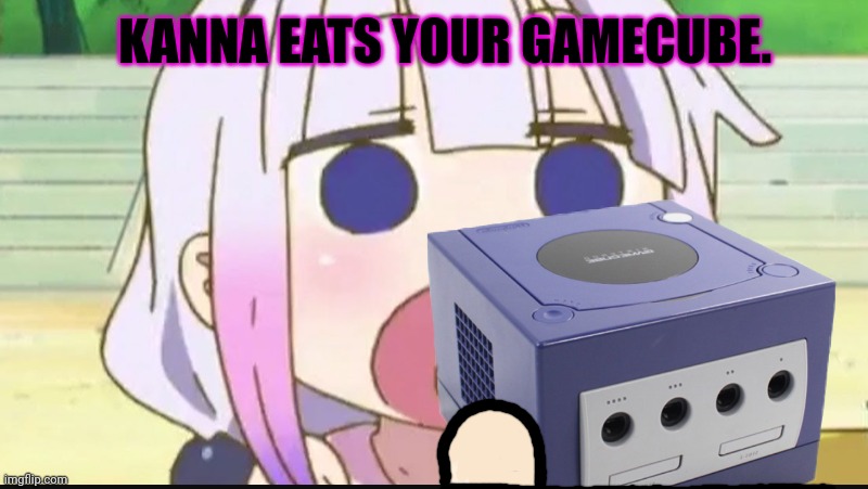 She was hungry. | KANNA EATS YOUR GAMECUBE. | image tagged in kanna eating a crab,gamecube,nintendo,kanna kamui,video games | made w/ Imgflip meme maker