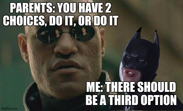 Matrix Morpheus Meme | PARENTS: YOU HAVE 2 CHOICES, DO IT, OR DO IT; ME: THERE SHOULD BE A THIRD OPTION | image tagged in memes,matrix morpheus | made w/ Imgflip meme maker