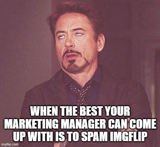 Tony Stark | WHEN THE BEST YOUR MARKETING MANAGER CAN COME UP WITH IS TO SPAM IMGFLIP | image tagged in tony stark | made w/ Imgflip meme maker