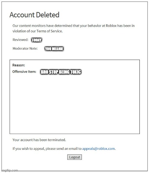 a | TODAY; YOU MEANIE; BRO STOP BEING TOXIC | image tagged in banned from roblox | made w/ Imgflip meme maker