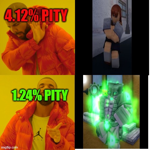 Drake Hotline Bling Meme | 4.12% PITY; 1.24% PITY | image tagged in memes,drake hotline bling | made w/ Imgflip meme maker