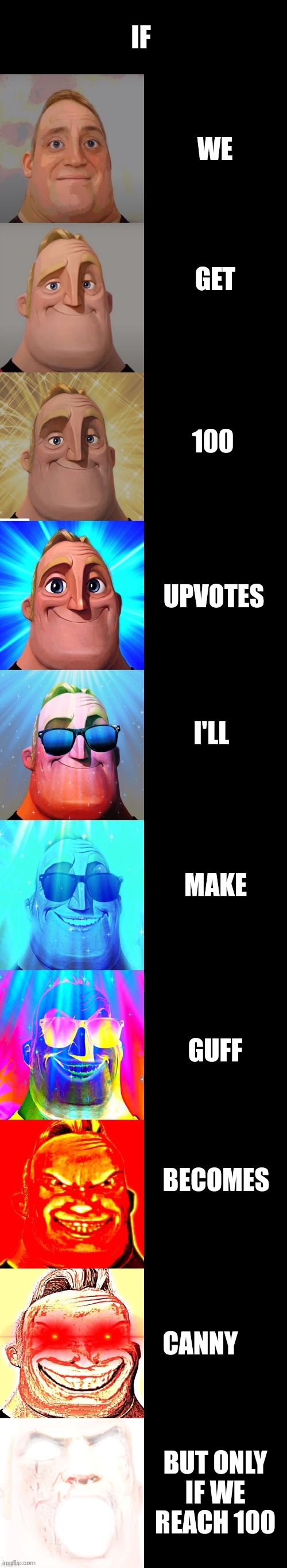 (McNote: Dude stop upvote begging) | IF; WE; GET; 100; UPVOTES; I'LL; MAKE; GUFF; BECOMES; CANNY; BUT ONLY IF WE REACH 100 | image tagged in mr incredible becoming canny | made w/ Imgflip meme maker
