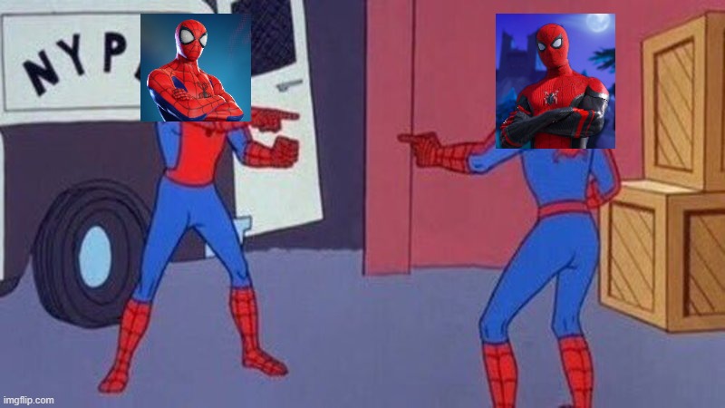 spidermans in fortnite | image tagged in spiderman pointing at spiderman,fortnite | made w/ Imgflip meme maker