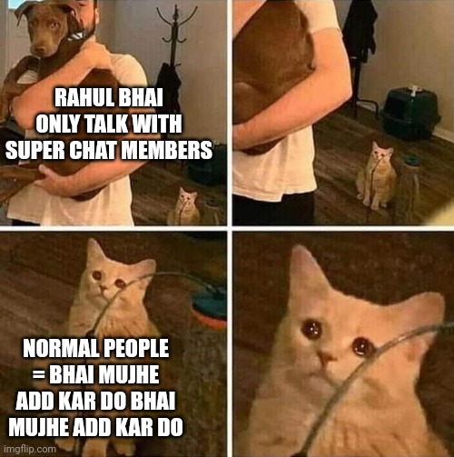 Crying cat comic | RAHUL BHAI ONLY TALK WITH SUPER CHAT MEMBERS; NORMAL PEOPLE = BHAI MUJHE ADD KAR DO BHAI MUJHE ADD KAR DO | image tagged in crying cat comic | made w/ Imgflip meme maker