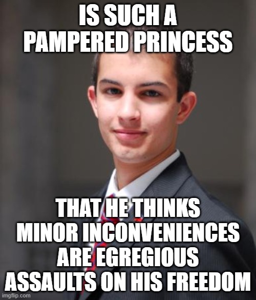 When You're The Reason The Next Adaptation Of Willy Wonka Should Feature A Conservative Boy Veruca Salt | IS SUCH A PAMPERED PRINCESS; THAT HE THINKS MINOR INCONVENIENCES ARE EGREGIOUS ASSAULTS ON HIS FREEDOM | image tagged in college conservative,princess,veruca salt,freedom,convenience,libertarianism | made w/ Imgflip meme maker