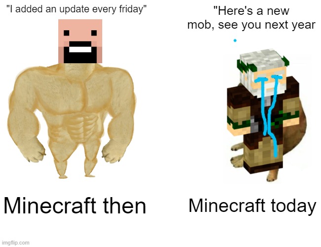 I need secret friday to return | "I added an update every friday"; "Here's a new mob, see you next year; Minecraft then; Minecraft today | image tagged in memes,buff doge vs cheems | made w/ Imgflip meme maker
