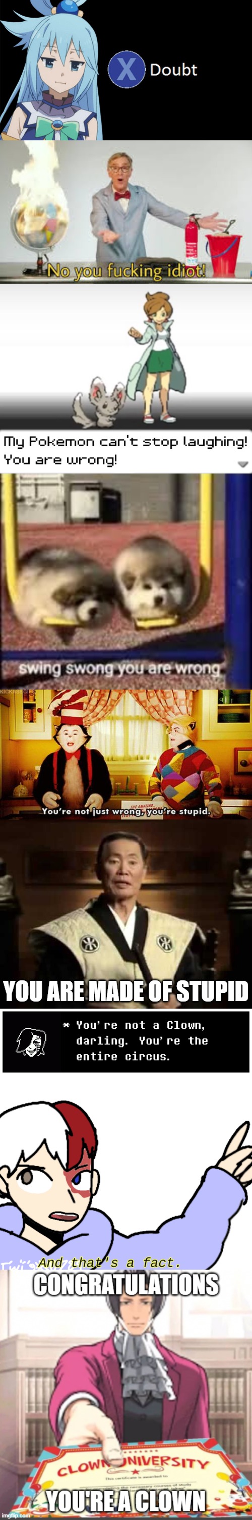 YOU ARE MADE OF STUPID | image tagged in aqua x to doubt,no you fucking idiot,my pokemon can't stop laughing you are wrong,swing swong,you are made of stupid | made w/ Imgflip meme maker