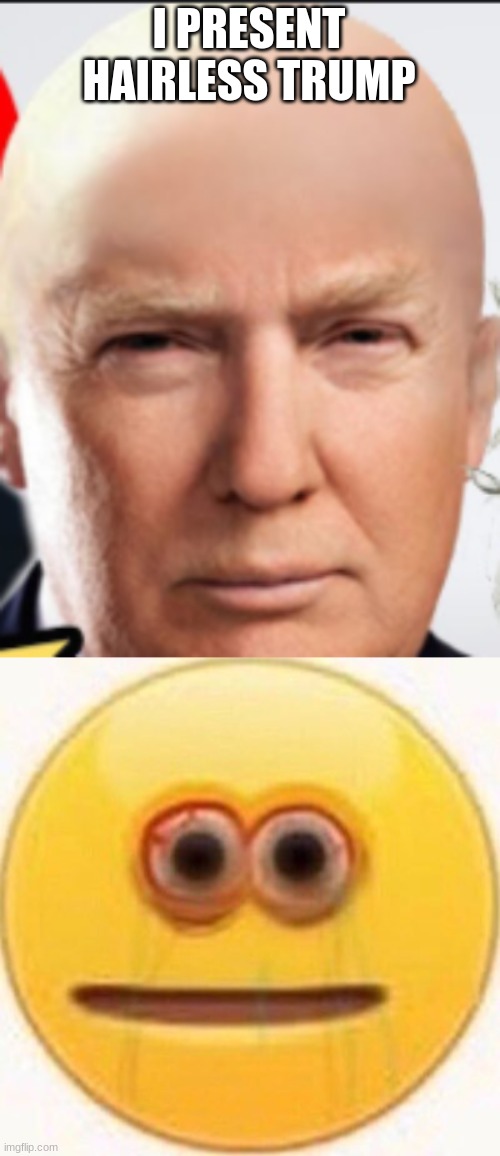 If you view this then you have to upvote it according to the law of cheese | I PRESENT
HAIRLESS TRUMP | image tagged in hairless trump,cursed emoji | made w/ Imgflip meme maker