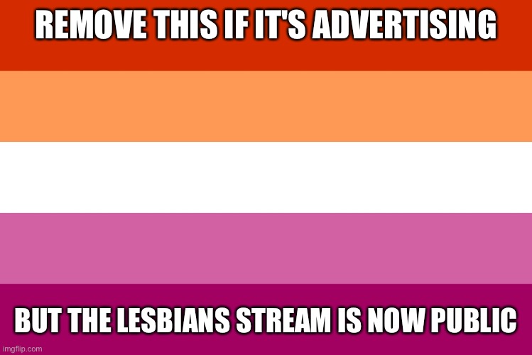 https://imgflip.com/m/lesbians | REMOVE THIS IF IT'S ADVERTISING; BUT THE LESBIANS STREAM IS NOW PUBLIC | image tagged in lesbian flag | made w/ Imgflip meme maker
