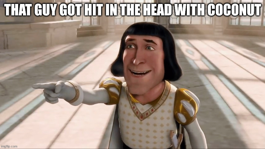 Farquaad Pointing | THAT GUY GOT HIT IN THE HEAD WITH COCONUT | image tagged in farquaad pointing | made w/ Imgflip meme maker