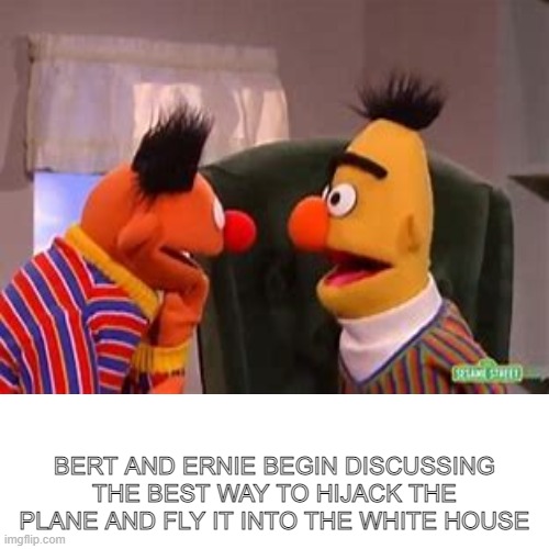 Hold up | BERT AND ERNIE BEGIN DISCUSSING THE BEST WAY TO HIJACK THE PLANE AND FLY IT INTO THE WHITE HOUSE | image tagged in meme,muppets,plane,dark humor,cursed | made w/ Imgflip meme maker