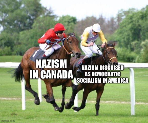 Please use the politically correct terms | NAZISM IN CANADA; NAZISM DISGUISED AS DEMOCRATIC SOCIALISM IN AMERICA | image tagged in two horses racing | made w/ Imgflip meme maker