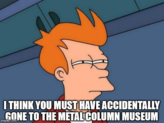 Futurama Fry Meme | I THINK YOU MUST HAVE ACCIDENTALLY GONE TO THE METAL COLUMN MUSEUM | image tagged in memes,futurama fry | made w/ Imgflip meme maker