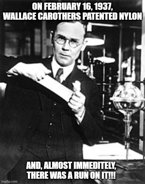 Nylon Pun | ON FEBRUARY 16, 1937, WALLACE CAROTHERS PATENTED NYLON; AND, ALMOST IMMEDITELY, THERE WAS A RUN ON IT!!! | image tagged in history memes,chemistry | made w/ Imgflip meme maker