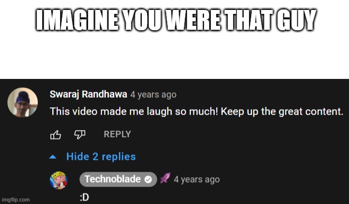 Wholesome technoblade | IMAGINE YOU WERE THAT GUY | image tagged in technoblade,youtuber,wholesome | made w/ Imgflip meme maker