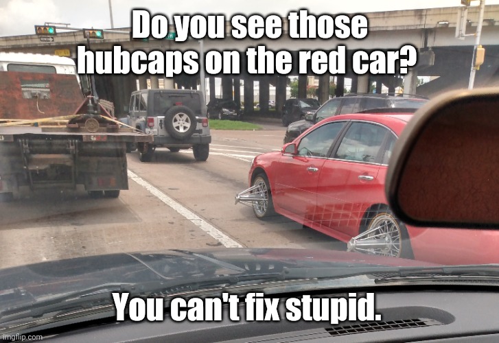 You can't fix stupid. | Do you see those hubcaps on the red car? You can't fix stupid. | image tagged in funny memes | made w/ Imgflip meme maker