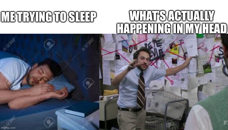 WHAT’S ACTUALLY HAPPENING IN MY HEAD; ME TRYING TO SLEEP | image tagged in charlie day | made w/ Imgflip meme maker