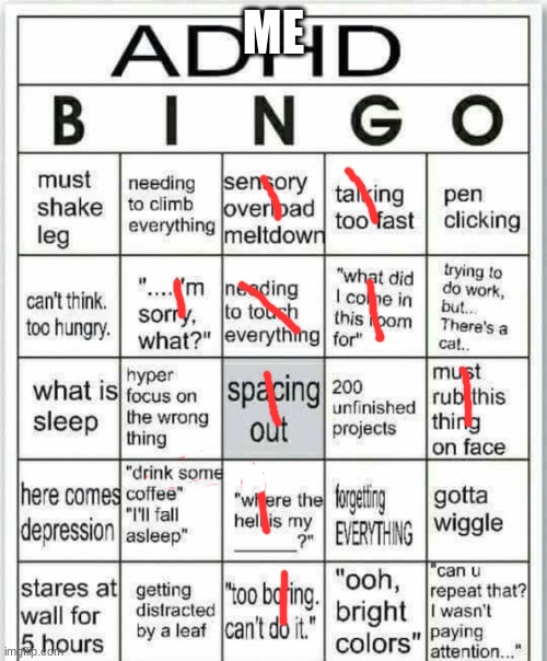 adhd bingo | ME | image tagged in adhd bingo | made w/ Imgflip meme maker