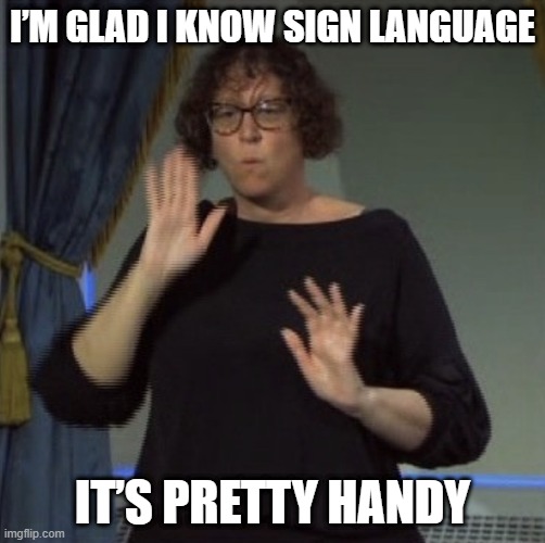ASL | I’M GLAD I KNOW SIGN LANGUAGE; IT’S PRETTY HANDY | image tagged in sign language woah | made w/ Imgflip meme maker