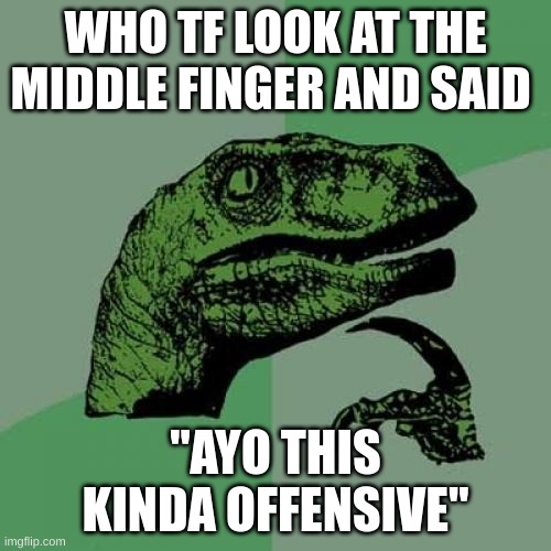 this kinda offensive | WHO TF LOOK AT THE MIDDLE FINGER AND SAID; "AYO THIS KINDA OFFENSIVE" | image tagged in memes,philosoraptor,question | made w/ Imgflip meme maker