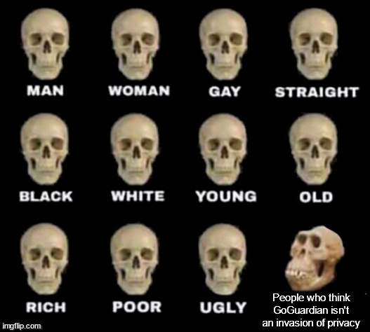 idiot skull | People who think GoGuardian isn't an invasion of privacy | image tagged in idiot skull | made w/ Imgflip meme maker