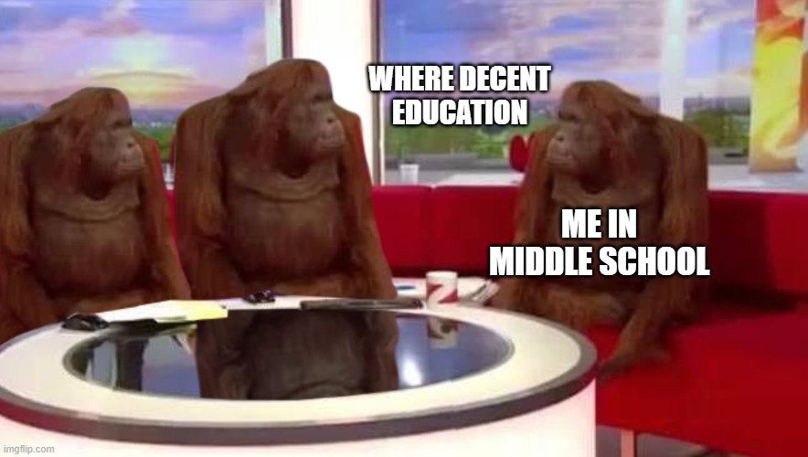 where monkey | WHERE DECENT EDUCATION; ME IN MIDDLE SCHOOL | image tagged in where monkey | made w/ Imgflip meme maker