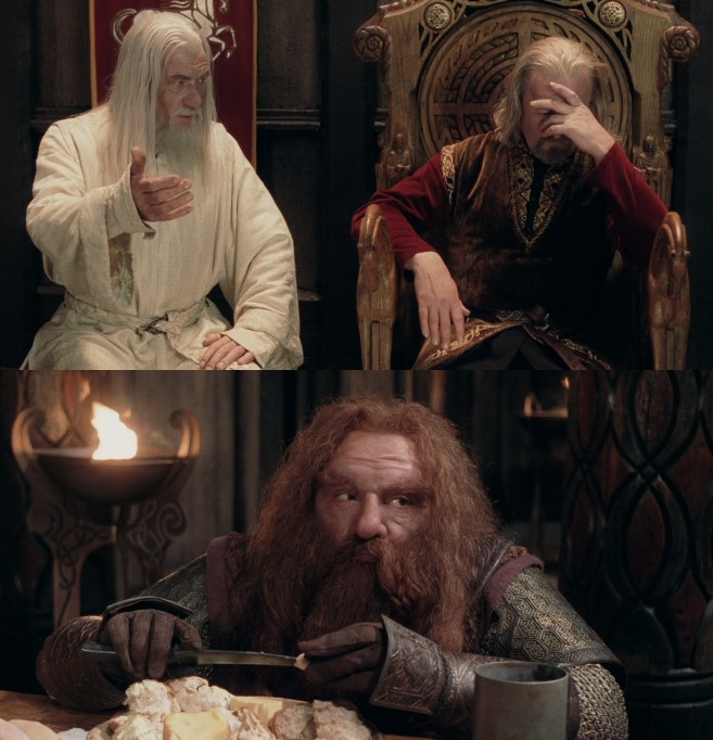 High Quality Gandalf and Theoden arguing while Gimli eats Blank Meme Template