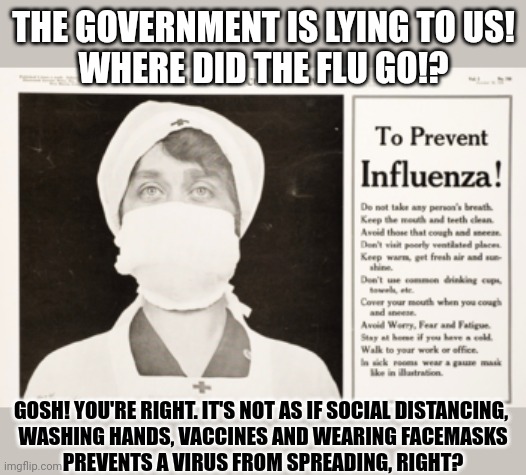 Where did the flu go? | THE GOVERNMENT IS LYING TO US!
WHERE DID THE FLU GO!? GOSH! YOU'RE RIGHT. IT'S NOT AS IF SOCIAL DISTANCING, 
WASHING HANDS, VACCINES AND WEARING FACEMASKS
PREVENTS A VIRUS FROM SPREADING, RIGHT? | image tagged in flu,face mask,vaccinations,covidiots | made w/ Imgflip meme maker