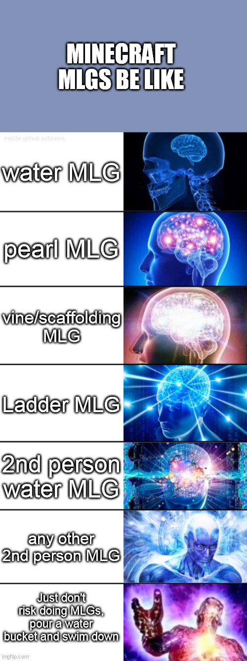 Minecraft MLGs be like | MINECRAFT MLGS BE LIKE; water MLG; pearl MLG; vine/scaffolding MLG; Ladder MLG; 2nd person water MLG; any other 2nd person MLG; Just don't risk doing MLGs, pour a water bucket and swim down | image tagged in 7-tier expanding brain | made w/ Imgflip meme maker