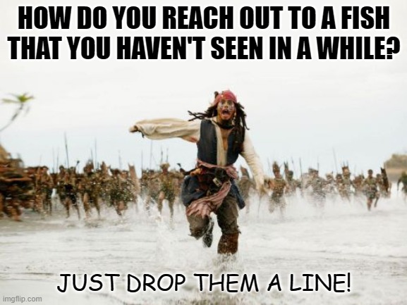 Daily Bad Dad Joke Feb 17 2022 | HOW DO YOU REACH OUT TO A FISH THAT YOU HAVEN'T SEEN IN A WHILE? JUST DROP THEM A LINE! | image tagged in memes,jack sparrow being chased | made w/ Imgflip meme maker