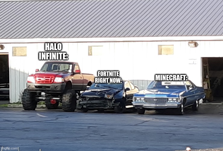 games so far. | HALO INFINITE:; MINECRAFT:; FORTNITE RIGHT NOW: | image tagged in misfit car | made w/ Imgflip meme maker