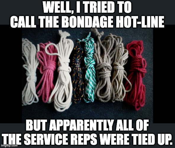 Service | WELL, I TRIED TO CALL THE BONDAGE HOT-LINE; BUT APPARENTLY ALL OF THE SERVICE REPS WERE TIED UP. | image tagged in bondage ropes | made w/ Imgflip meme maker