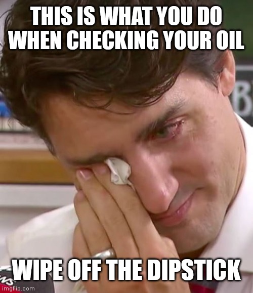 Justin Trudeau Crying | THIS IS WHAT YOU DO WHEN CHECKING YOUR OIL; WIPE OFF THE DIPSTICK | image tagged in justin trudeau crying | made w/ Imgflip meme maker