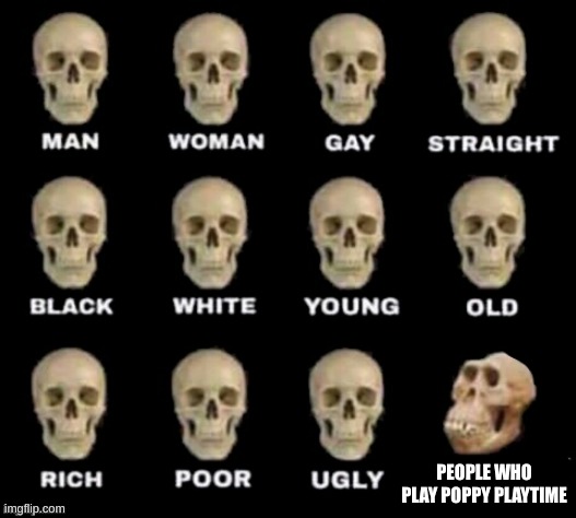 that one kid | PEOPLE WHO PLAY POPPY PLAYTIME | image tagged in idiot skull | made w/ Imgflip meme maker