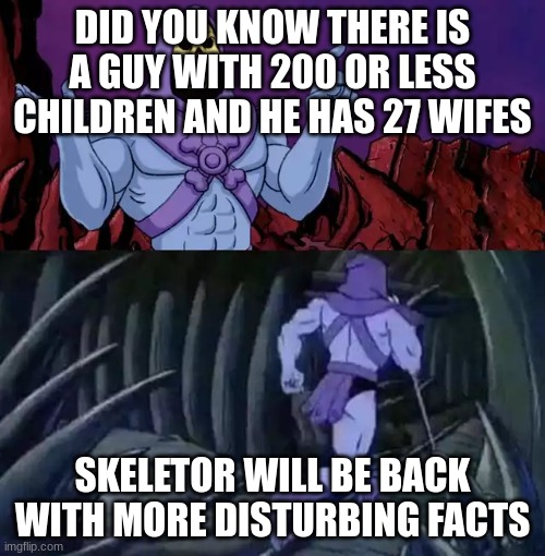 its true... | DID YOU KNOW THERE IS A GUY WITH 200 OR LESS CHILDREN AND HE HAS 27 WIFES; SKELETOR WILL BE BACK WITH MORE DISTURBING FACTS | image tagged in skeletor says something then runs away | made w/ Imgflip meme maker