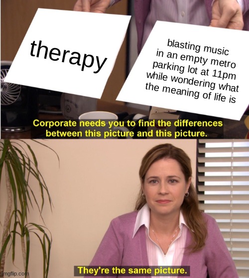 therapy | therapy; blasting music in an empty metro parking lot at 11pm while wondering what the meaning of life is | image tagged in memes,they're the same picture | made w/ Imgflip meme maker