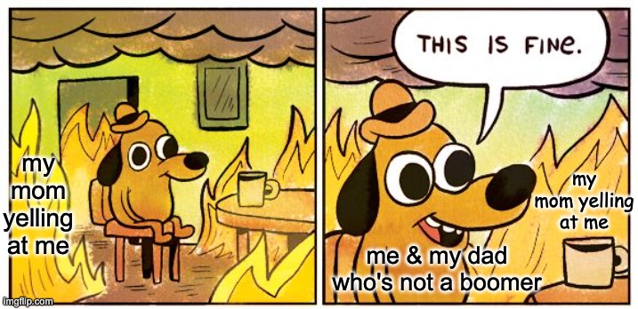 This Is Fine Meme | my mom yelling at me me & my dad who's not a boomer my mom yelling at me | image tagged in memes,this is fine | made w/ Imgflip meme maker