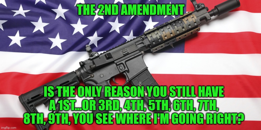 If you think you have so many rights because your government loves you,.....think again | THE 2ND AMENDMENT; IS THE ONLY REASON YOU STILL HAVE A 1ST...OR 3RD, 4TH, 5TH, 6TH, 7TH, 8TH, 9TH, YOU SEE WHERE I'M GOING RIGHT? | image tagged in ar-15 and usa flag,freedom | made w/ Imgflip meme maker