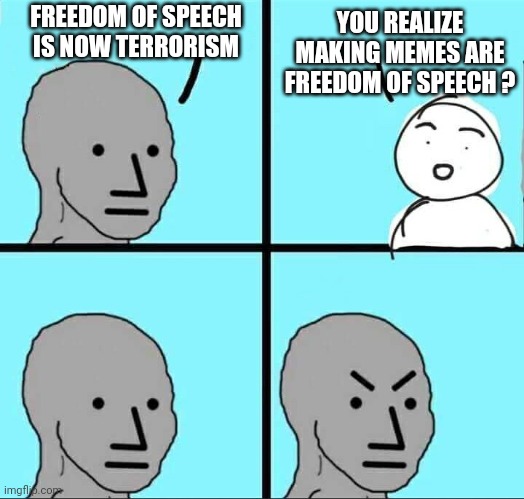 Freedom for All | FREEDOM OF SPEECH IS NOW TERRORISM; YOU REALIZE MAKING MEMES ARE FREEDOM OF SPEECH ? | image tagged in npc meme,canada,justin trudeau,liberals,democrats,truckers | made w/ Imgflip meme maker