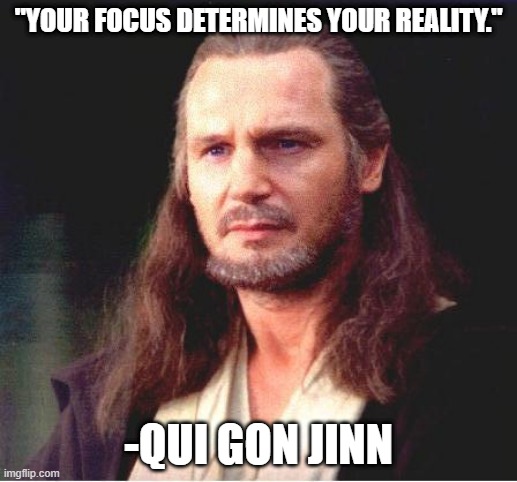 Qui Gon Jinn | "YOUR FOCUS DETERMINES YOUR REALITY."; -QUI GON JINN | image tagged in qui gon jinn | made w/ Imgflip meme maker