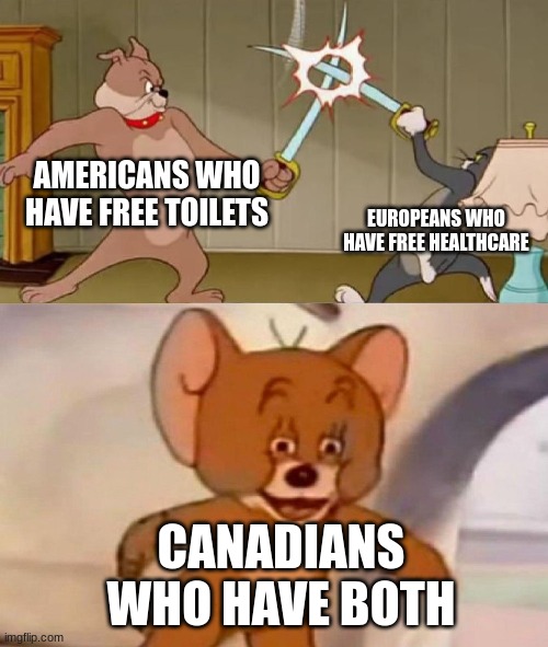 meme | AMERICANS WHO HAVE FREE TOILETS; EUROPEANS WHO HAVE FREE HEALTHCARE; CANADIANS WHO HAVE BOTH | image tagged in tom and jerry swordfight | made w/ Imgflip meme maker