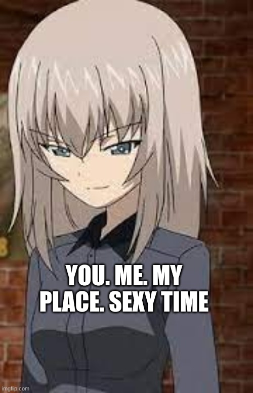 Erika | YOU. ME. MY PLACE. SEXY TIME | image tagged in girls und panzer | made w/ Imgflip meme maker