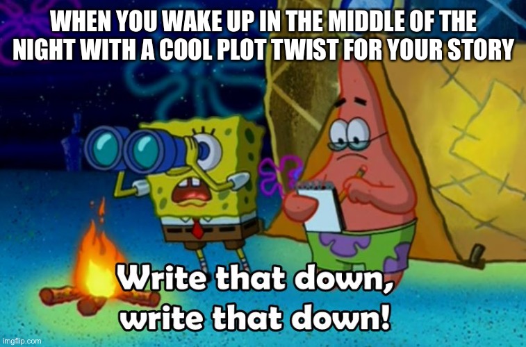 Quick! Grab a pencil! |  WHEN YOU WAKE UP IN THE MIDDLE OF THE NIGHT WITH A COOL PLOT TWIST FOR YOUR STORY | image tagged in write that down,spongebob,writing,plot twist,writer,inspiration | made w/ Imgflip meme maker