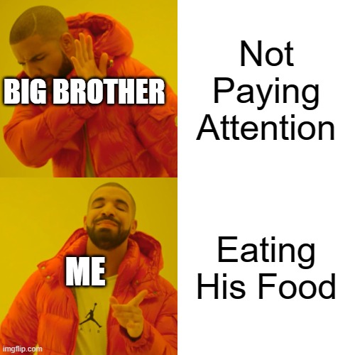 ............. | Not Paying Attention; BIG BROTHER; Eating His Food; ME | image tagged in memes,drake hotline bling | made w/ Imgflip meme maker
