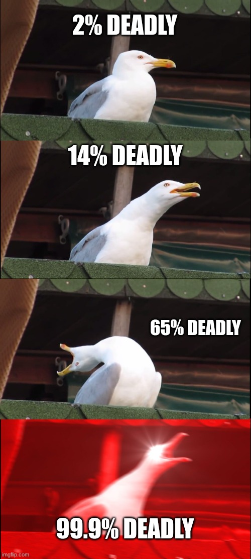Inhaling Seagull | 2% DEADLY; 14% DEADLY; 65% DEADLY; 99.9% DEADLY | image tagged in memes,inhaling seagull | made w/ Imgflip meme maker