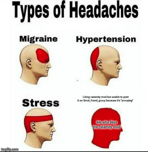 Types of Headaches meme | Liking calamity mod but unable to post it on Smol_friend_group because it's "annoying"; Me who likes the calamity mod | image tagged in types of headaches meme | made w/ Imgflip meme maker