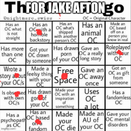 ocbingo | FOR JAKE AFTON | image tagged in the oc bingo | made w/ Imgflip meme maker