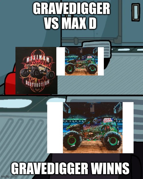 GD vs MD | GRAVEDIGGER VS MAX D; GRAVEDIGGER WINNS | image tagged in grave digger,max d,monsterjam | made w/ Imgflip meme maker