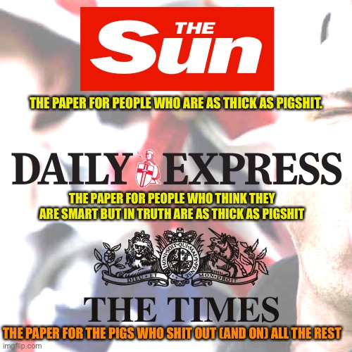 Tabloids thickos | THE PAPER FOR PEOPLE WHO ARE AS THICK AS PIGSHIT. THE PAPER FOR PEOPLE WHO THINK THEY ARE SMART BUT IN TRUTH ARE AS THICK AS PIGSHIT; THE PAPER FOR THE PIGS WHO SHIT OUT (AND ON) ALL THE REST | image tagged in the sun,the express,the times,far right scum | made w/ Imgflip meme maker