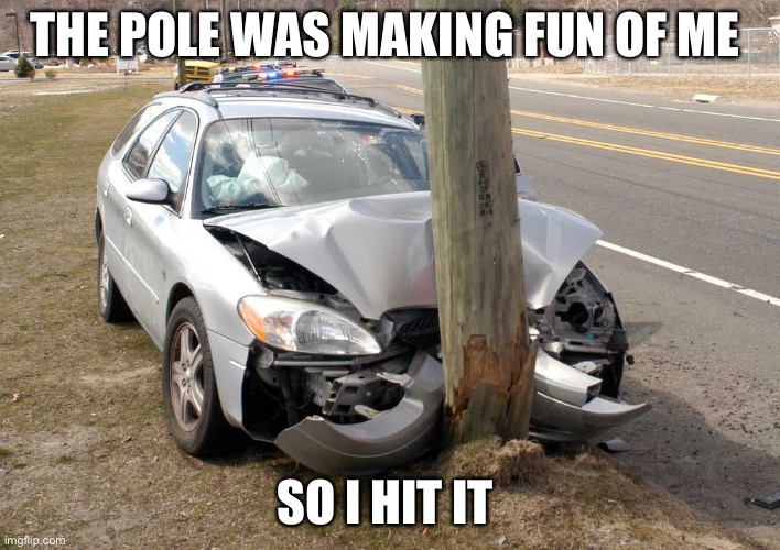 Pole | THE POLE WAS MAKING FUN OF ME; SO I HIT IT | image tagged in funny car crash | made w/ Imgflip meme maker